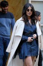 PRIYANKA CHOPRA in Blue Lace Dress Out in New York 03/13/2017
