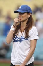 SARAH WAYNE CALLIES Throws First Pitch at Dodgers Game in Los Angeles 06/06/2017