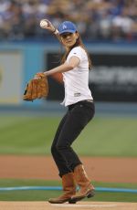 SARAH WAYNE CALLIES Throws First Pitch at Dodgers Game in Los Angeles 06/06/2017