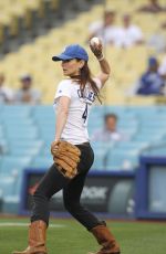 SARAH WAYNE CALLIES Throws First Pitch at Dodgers Game in Los Angeles 06/06/2017