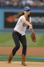 SARAH WAYNE CALLIES Throws First Pitch at Dodgers Game in Los Angeles 06/06/2017