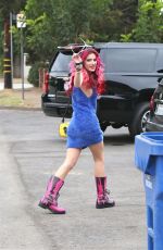 BELLA THORNE in a Fuzzy Blue Dress Out in Hollywood 08/02/2017