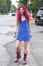 BELLA THORNE in a Fuzzy Blue Dress Out in Hollywood 08/02/2017