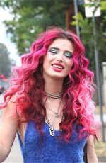 BELLA THORNE in a Fuzzy Blue Dress Out in Hollywood 08/02/2017