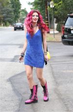 BELLA THORNE in a Fuzzy Blue Dress Out in Hollywood 08/02/2017