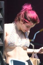 BELLA THORNE in Bikini Top Picks Up Her Delivery from Juice Crafters 08/05/2017