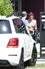 BELLA THORNE in Bikini Top Picks Up Her Delivery from Juice Crafters 08/05/2017