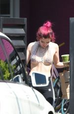 BELLA THORNE in Bikini Top Picks Up Her Delivery from Juice Crafters 08/05/2017