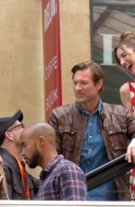 LOUISE BOURGOIN and Aaron Eckhart on the Set of New Series The Romanoffs in Paris 08/10/2017