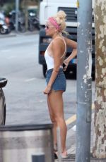 PIXIE LOTT in Denim Shorts Out in Barcelona 08/28/2017