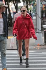 HAILEY BALDWIN in Oversized Red Hoodie Out in New York 09/12/2017