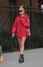 HAILEY BALDWIN in Oversized Red Hoodie Out in New York 09/12/2017