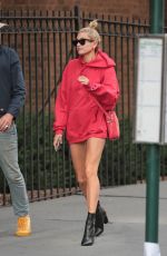 HAILEY BALDWIN in Oversized Red Hoodie Out in New York 09/12/2017