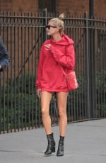 HAILEY BALDWIN in Oversized Red Hoodie Out in New York 09/12/2017