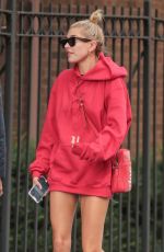 HAILEY BALDWIN in Oversized Red Hoodie Out in New York 09/12/2017