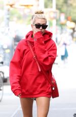 HAILEY BALDWIN in Oversized Red Hoodie Out in New York 09/12/2017