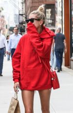 HAILEY BALDWIN in Oversized Red Hoodie Out in New York 09/12/2017