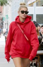 HAILEY BALDWIN in Oversized Red Hoodie Out in New York 09/12/2017