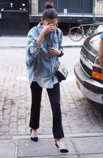 SELENA GOMEZ in Oversized Denim Shirt Out in New York 09/27/2017