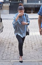 SELENA GOMEZ in Oversized Denim Shirt Out in New York 09/27/2017