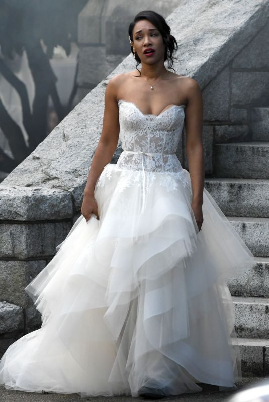 CANDICE PATTON in Wedding Gown Filming Arrowverse Crossover in Vancouver 10/11/2017