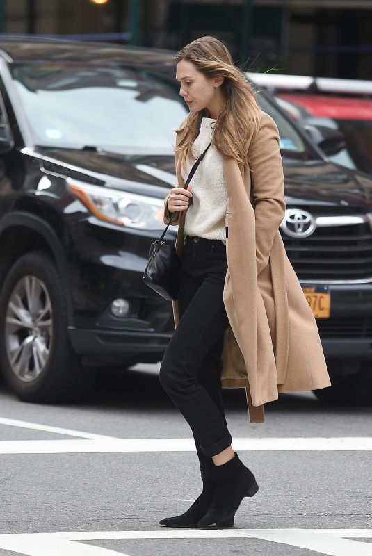 ELIZABETH OLSEN in Beige Coat Out in New York 10/16/2017