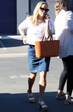 REESE WITHERSPOON in Denim Skirt Arrives at Her Office in Los Angeles 10/26/2017