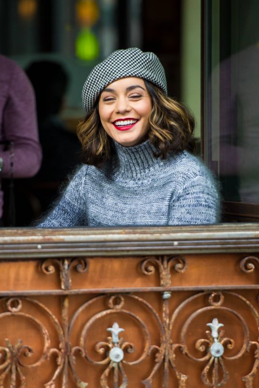 VANESSA HUDGENS on the Set of Second Act in Brooklyn 10/26/2017