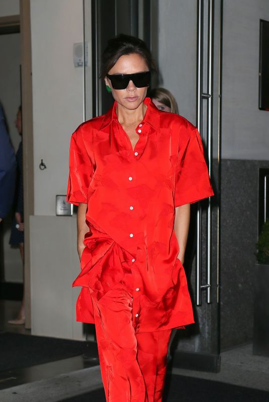 VICTORIA BECKHAM in Red Jumpsuit Out in New York 10/12/2017