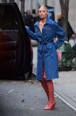 ELSA HOSK in Denim Coat Out in New York 11/28/2017