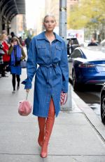 ELSA HOSK in Denim Coat Out in New York 11/28/2017