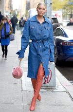 ELSA HOSK in Denim Coat Out in New York 11/28/2017
