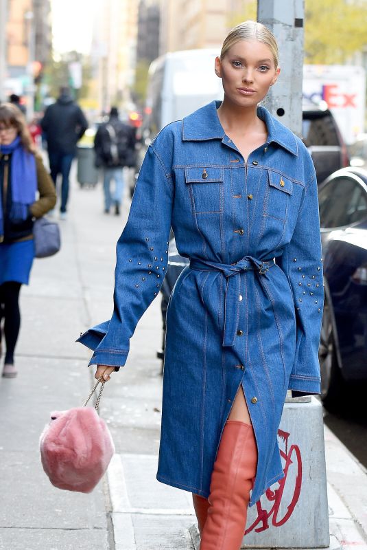 ELSA HOSK in Denim Coat Out in New York 11/28/2017