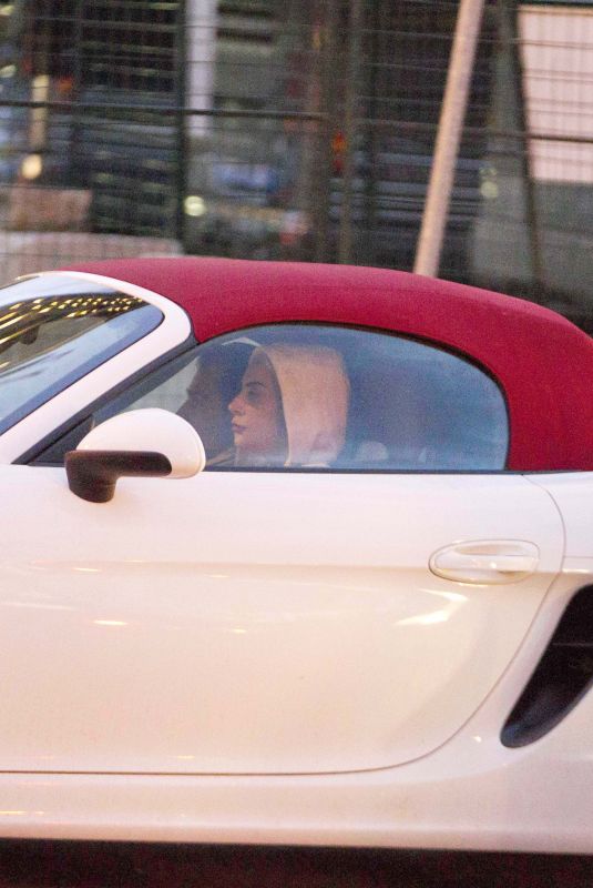 LADY GAGA Drives a White Porsche Convertible Out in Montreal 11/05/2017