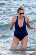 SHARON STONE in Swimsuit at a Beach in Miami 11/03/2017