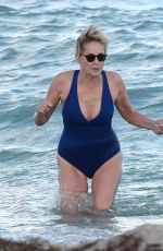 SHARON STONE in Swimsuit at a Beach in Miami 11/03/2017