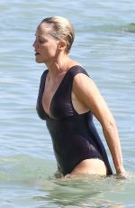 SHARON STONE in Swimsuit at a Beach in Miami 11/05/2017