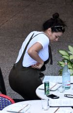 Pregnant EVA LONGORIA in Overalls Out and About in Miami 12/22/2017