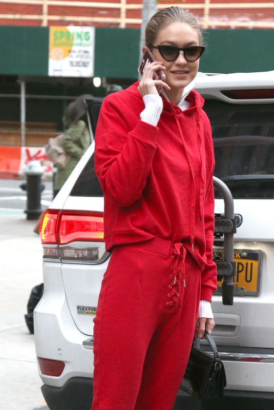 GIGI HADID All in Red Out in new York 01/30/2018