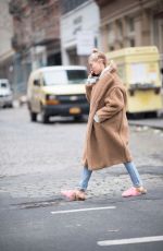 HAILEY BALDWIN in Oversized Coat and Slippers Out in New York 01/16/2018
