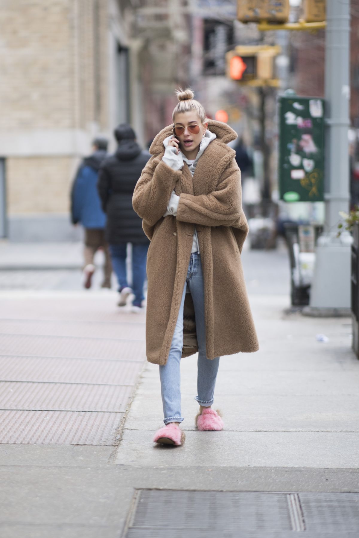 HAILEY BALDWIN in Oversized Coat and Slippers Out in New York 01/16 ...