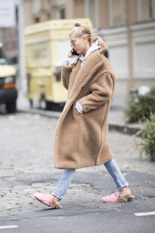 HAILEY BALDWIN in Oversized Coat and Slippers Out in New York 01/16/2018