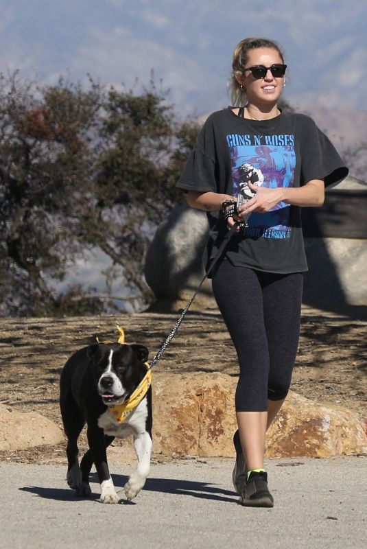 MILEY CYRUS Out Hiking with Her Dog in Studio City