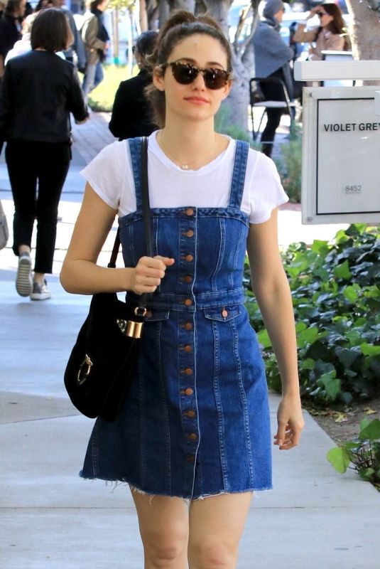 EMMY ROSSUM in Denim Dress Out Shopping in West Hollywood 02/23/2018