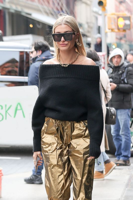 HAILEY BALDWIN in a Gold Pants Out in New York 02/09/2018