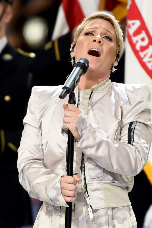 PINK Performers National Anthem at Philadelphia Eages vs New England Patriots Super Bowl LII in Minnesota. 02/04/2018