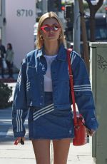 HAILEY BALDWIN in Adidas Denim Skirt at Zinque Cafe in West Hollywood 03/26/2018