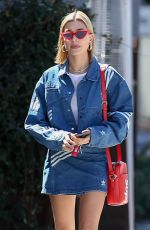 HAILEY BALDWIN in Adidas Denim Skirt at Zinque Cafe in West Hollywood 03/26/2018