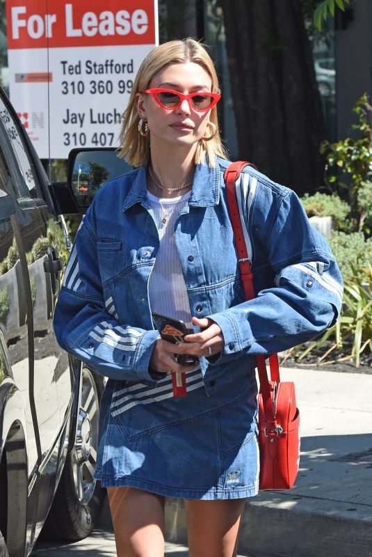 HAILEY BALDWIN in Adidas Denim Skirt at Zinque Cafe in West Hollywood 03/26/2018