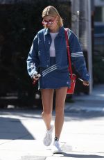 HAILEY BALDWIN in Adidas Denim Skirt at Zinque Cafe in West Hollywood 03/26/2018